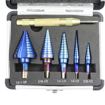 

6 Pcs HSS Nano Blue Coated Step Drill Bit with Center Punch Set Hole Automatic Center Punch Sheet Metal with Aluminum Case Multi