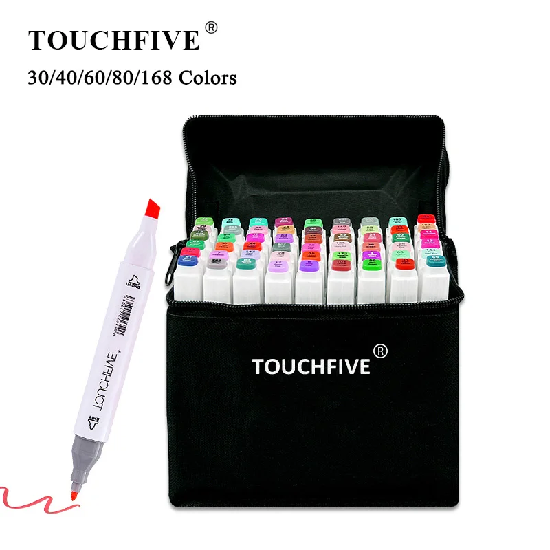 TouchFIVE-kolorowe markery, wiele kolorów, 30/40/60/80/168, do rysowania mangi, mazaki na bazie alkoholu, do szkicowania, olejowe, artykuły plastyczne, podwójny pędzel