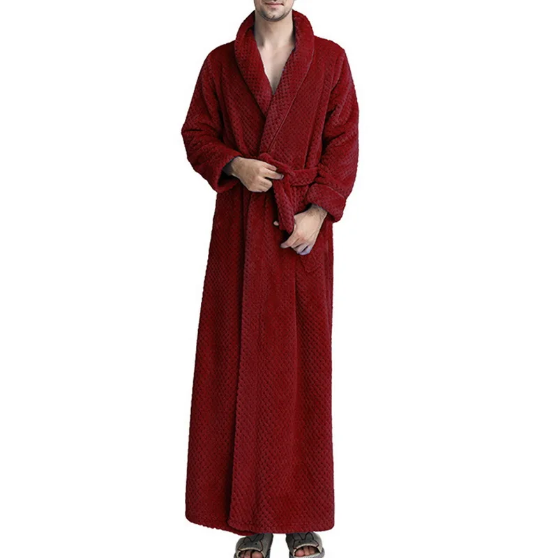 Shujin Men pajamas Confrot Robe Soft Absorbent Lightweight Long Kimono Flannel Spa Bathrobe Men Coral fleece bathrobe bathing - Color: Red wine
