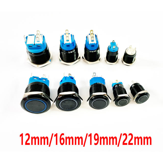 Black Push Button Switch 12/16/19/22mm Waterproof illuminated Led Light