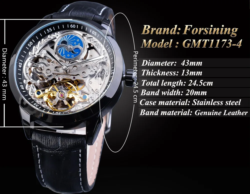 Forsining механические мужские часы черный кожаный ремешок Automaitc водонепроницаемый Moon Phase часы модные Skeletion мужские наручные часы