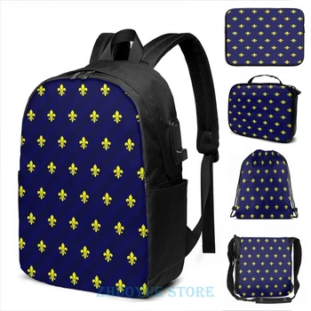 

Funny Graphic print Fleur de Lys Gold Blue USB Charge Backpack men School bags Women bag Travel laptop bag