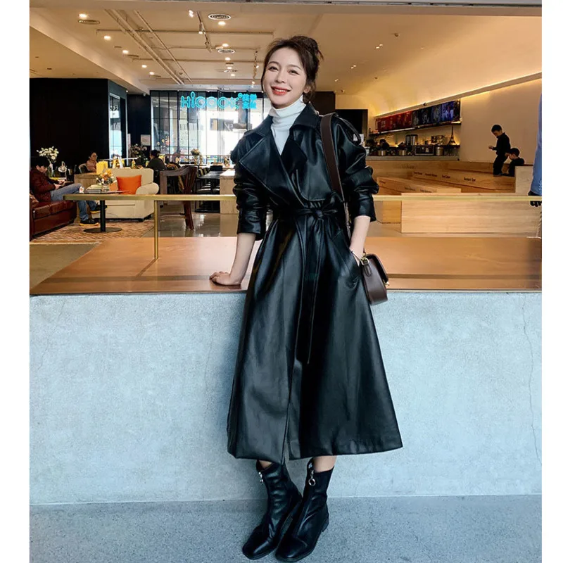 

Korean Fashion Women Long PU Leather Trench Coat With Belt Windbreaker Outerwear Black Faux Leather Jacket Femme Casaco Chaqueta