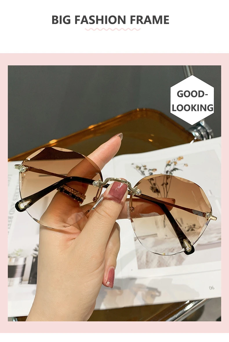 sunglasses for women Classic Rimless Round Sunglasses For Women  Sexy Gradient Oversized Sun Glasses Female Vintage Outdoor Big Frame GogglesUV400 best sunglasses for big nose