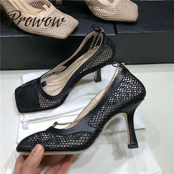 

Prowow New Spring Summer Genuine Leather Breathable Mesh HIgh Heel Pumps Square Toe Metal Chain High Heel Pumps Shoes Women