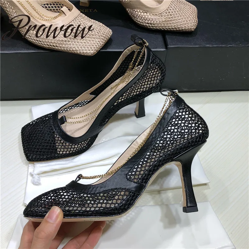 Prowow Runway Genuine Leather Breathable Mesh Gold Chain Summer Pumps Square Toe Slip On HIgh Heel Pumps Shoes High Quality Prowow Runway Genuine Leather Breathable Mesh Gold Chain Summer Pumps Square Toe Slip On HIgh Heel Pumps Shoes High Quality
