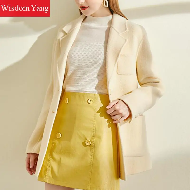 Seller Winter Coats Women Yellow Warm Wool Suits Jackets Elegant Formal Wrap Woolen Autumn Overcoat Slim Woollen Outerwear Korean Coat