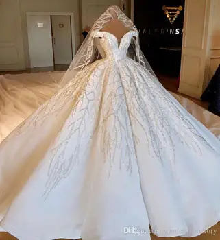 شراءفستان زفاف فاخر عاري الكتفين 2020 مطرز بكريستال مكشكش ذيل شابيل زفاف زي العرائس صورة حقيقية