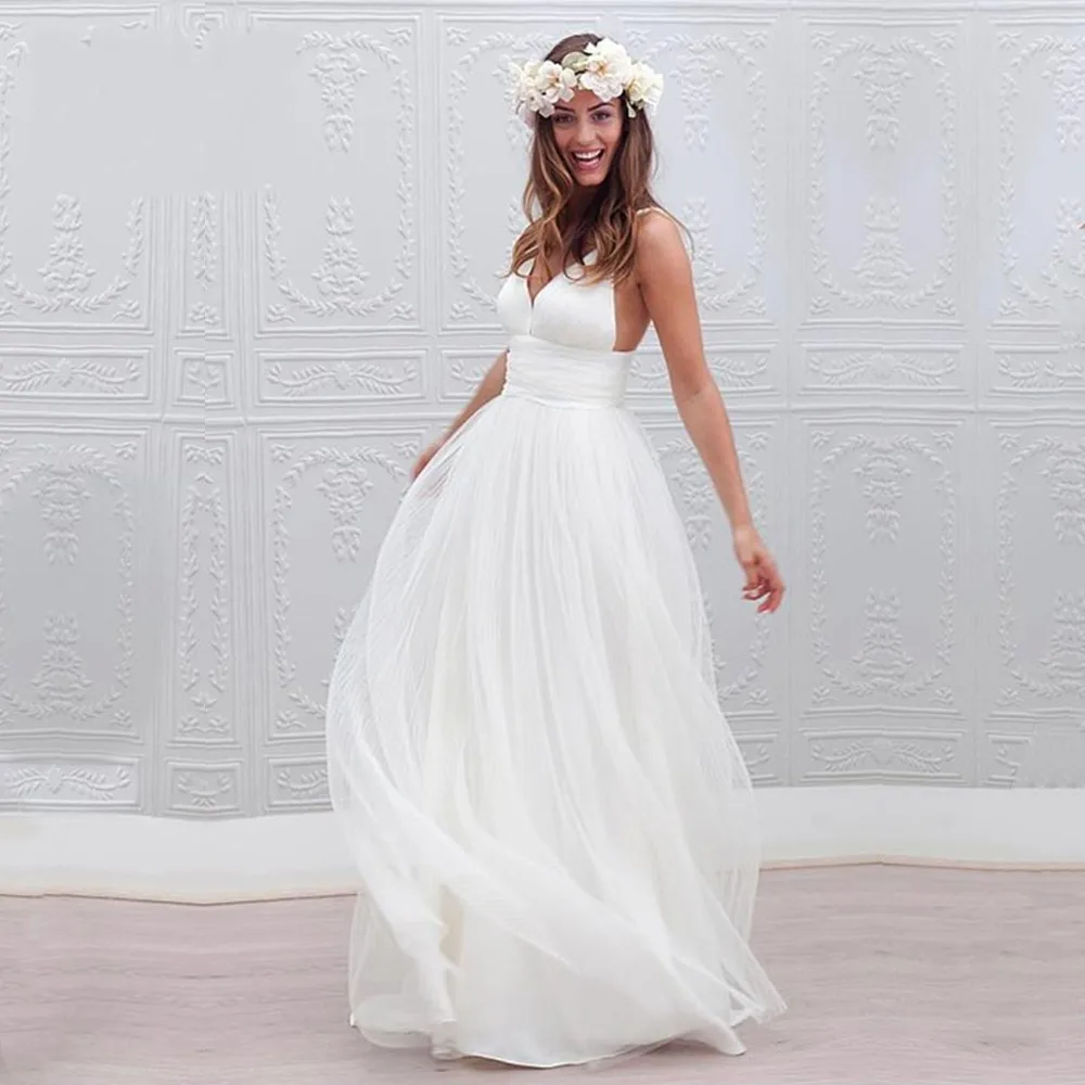 #Special Offers Simple White Wedding Dresses 2020 EEN line v-hals Backless Bridal Beach Wedding Party Bridal Jurken