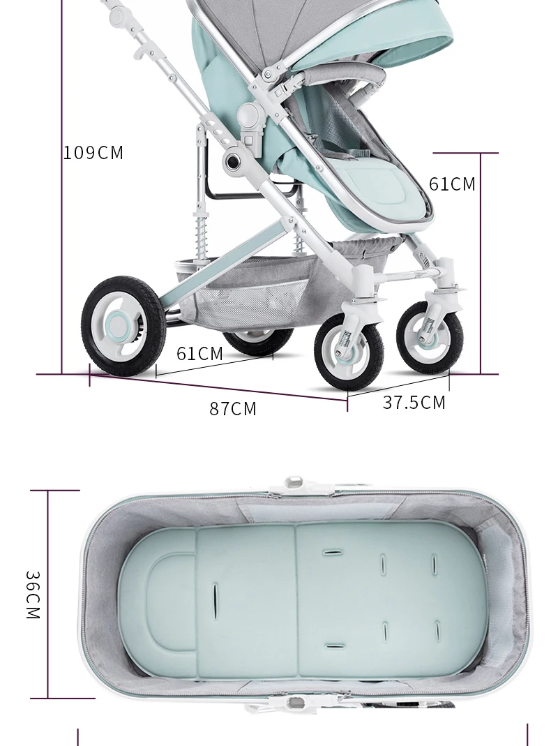 BETSOCCI high view baby stroller bidirectional reclinable baby wheelchair baby four-wheeled wheelbarrow