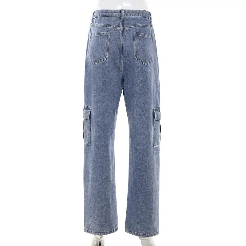 Большие карманы Прямые брюки карго для женщин уличная одежда свободные широкие брюки повседневные Высокая талия мешковатые джинсы