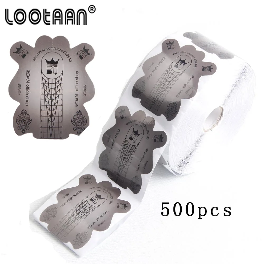 Lootaan серый, 500 шт./лот, толстая Форма для ногтей, акриловый УФ-гель для наращивания, клейкие формы, наклейки, инструменты для дизайна ногтей