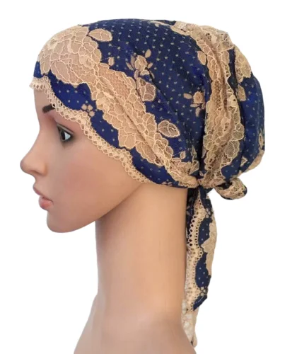 03 Blue Flower Women Muslim Inner Cap Lace Head Wrap Cover Scarf Islamic Headwear Bonnet Hat Skullies Beanies Hair Loss Fashion - Цвет: 03 Blue