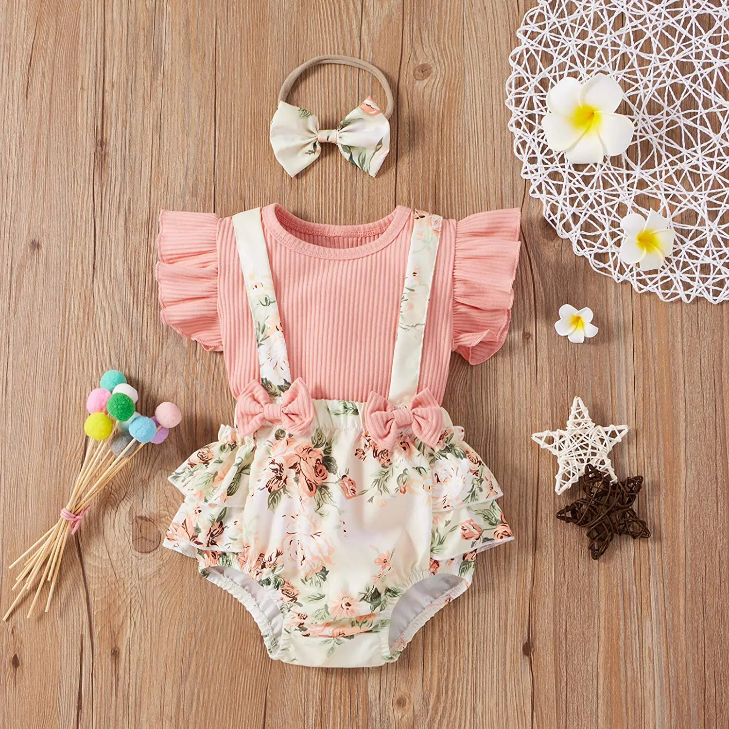 Infant Newborn Baby Girl Floral Summer Outfits Ruffle Sleeve Ribbed T-Shirt and Suspender Shorts with Headband