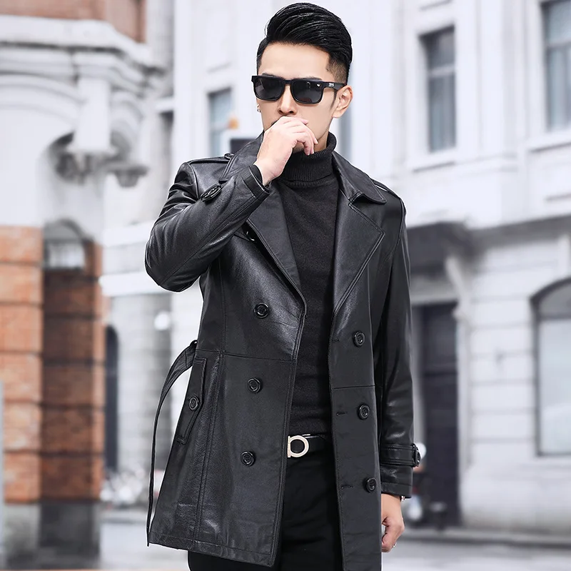 ジャケット・アウター LEATHER COMBINATION DOUBLE LAPEL COAT ZWRXW Leather Trench Coats for Men Double Breasted Notched Lapel