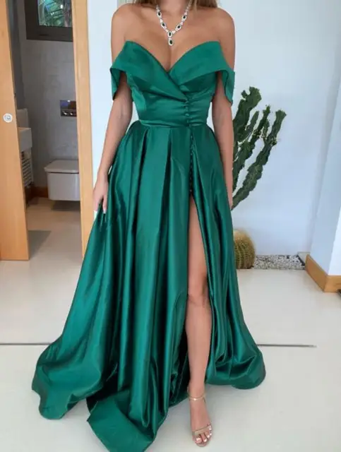 Baby Blue Evening Dress Sexy Long Party Gowns Elegant Satin Prom Dresses Button High Slit Formal Christmas robe de soiree Green