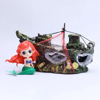 

[Top] Mermaid & Boat scene action figure Mermaid and abandoned shipwreck ship on the seabed Fish tank decoration gift