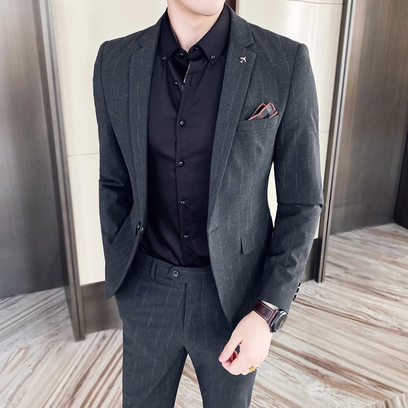 Men's business Suit korean slim Blazers Trousers stripe One Button New dress Asian size high quality man wedding suit | Мужская