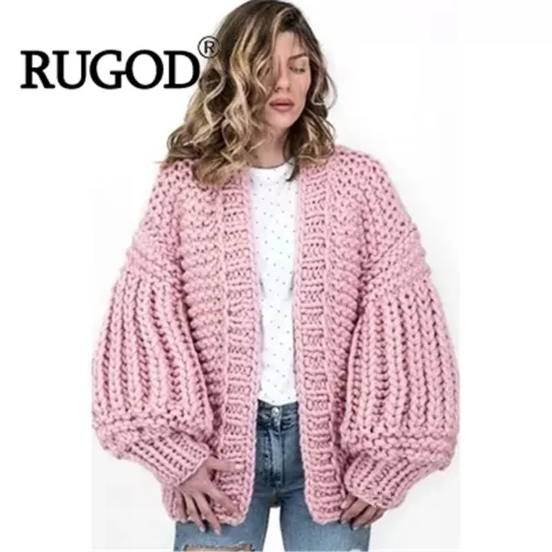 ^*Best Offers RUGOD New Handmade Cardigan Large Lantern Sleeve Crochet Sweater Women Casual High Quality Open Stitch Knitted Coat Cardigan