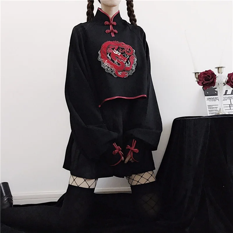 Японское кимоно стиль черный Harajuku Мори девушки дракон вышивка с длинным рукавом Cheongsam Толстовка для женщин каваи Qipao Топ FF2275