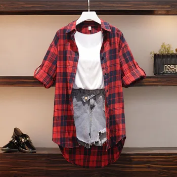 

plus size women casual 3 pieces set women cotton plaid long blouse and vest and denim shorts set women vintage two piece set