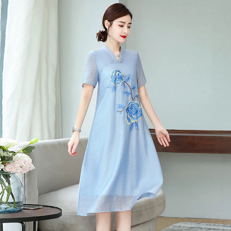 Китайский национальный стиль Женская одежда Hanfu улучшенный Cheongsam женский цветок вышивка короткий рукав летние платья
