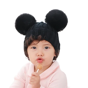 

Infant Toddler Cute Bear Beanie Woolen Hat Pure Color Winter Twist Double Pom Pom Wool Knitted Cap