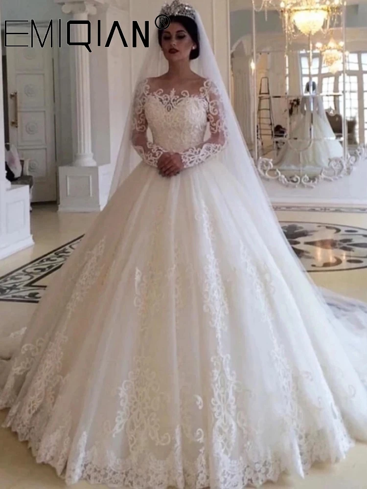 Long Sleeves Tulle Ball Gown Wedding Dress Charming Court Train Formal Bride Dresses Real