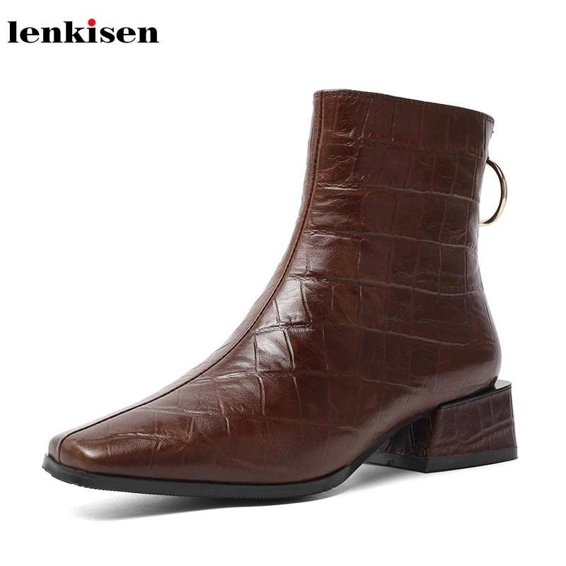 

Lenkisen high quality soft genuine leather med heels square toe print Zip winter keep warm mature women fashion ankle boots L8f2