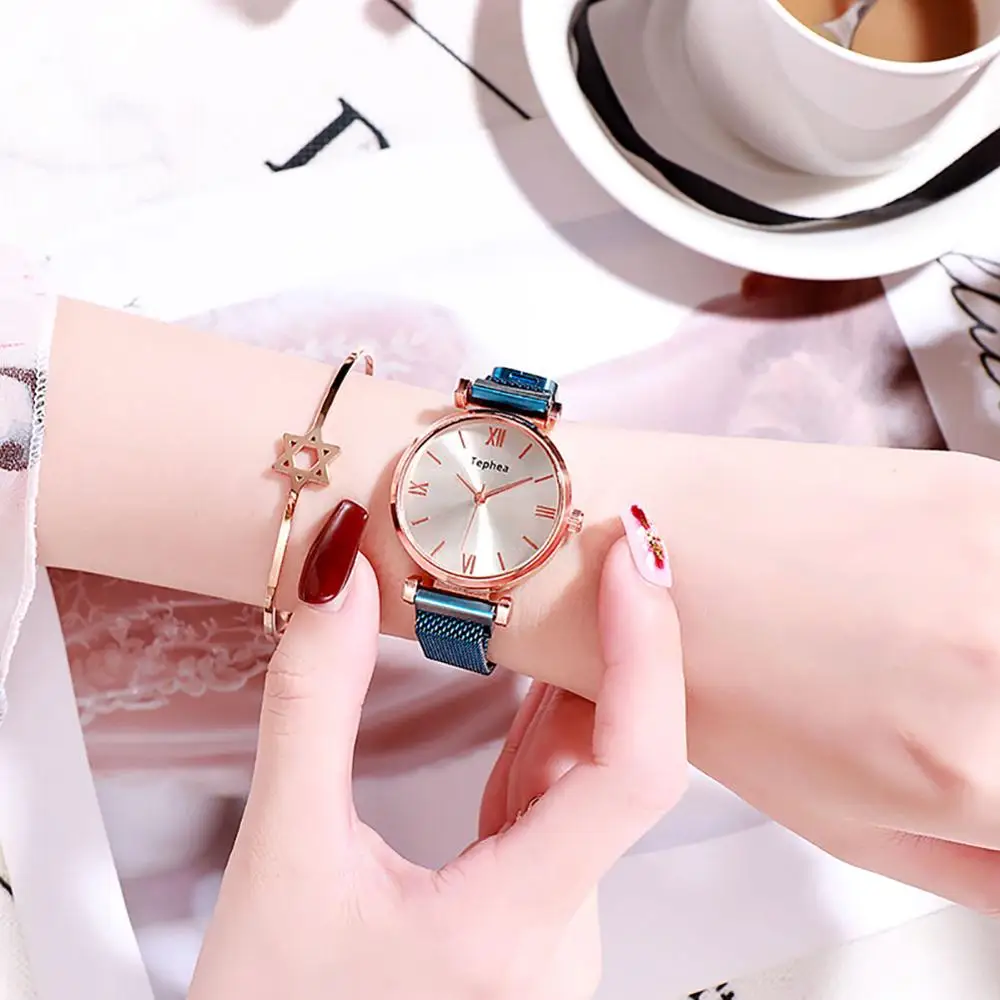 Женские модные роскошные часы из нержавеющей стали, изысканные Простые повседневные часы с циферблатом, Креативные Часы-браслет, женские кварцевые часы - Цвет: Синий