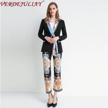 

VERDEJULIAY 2020 Fashion Runway Autumn Career Suit Women's Long Sleeve Black Blazer + Vintage Printed Length Pants 2 Pieces Set