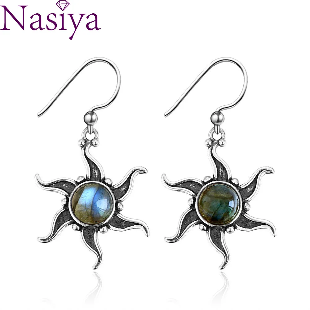 

Vintage Boho Natural Labradorite 925 Silver Dangle Drop Earrings for Women Female New Wedding Party Jewelry Accessories