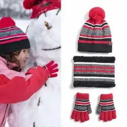40%HOT1 Set Thicken Knitting Hat Scarf Gloves Soft Stretchy Autumn Winter Stripe Knit CapS1 Scarf Gloves for Kids