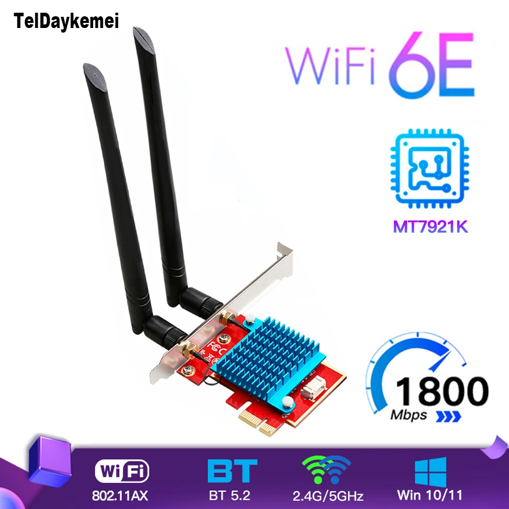 Wi-Fi 6E Tri band 1800Mbps PCIe Wireless Adapter 2.4G/5G/6G Bluetooth 5.2 MT7921k 802.11AC/AX Wifi 6 Card For PC Windows 10 / 11 wifi card for pc Network Cards