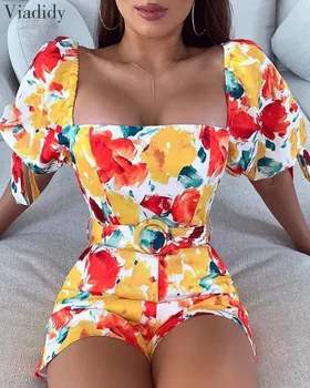 

Square Neck Printed Short Sleeve Playsuit Women Floral Print Puff Sleeve Zipper Mini Romper with Belt