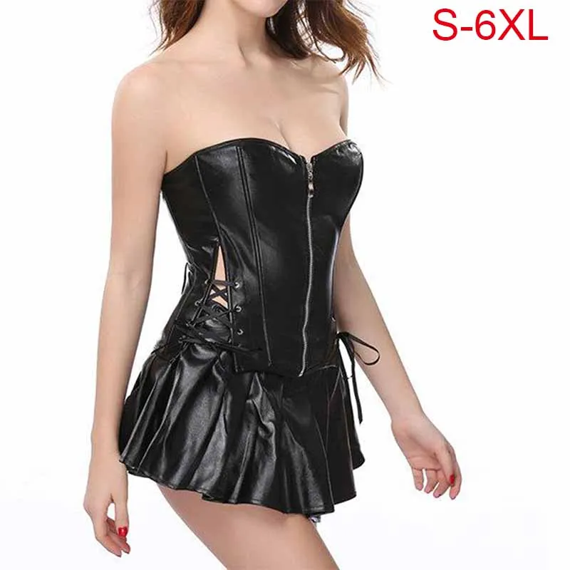 Steampunk PVC Faux Leather Corset Dress Sexy Wetlook Top Corset Pleated Mini Skirt Gothic Women Corset Bustier Overbust Korsett (9)