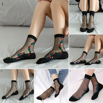 

1 Pair Black Breathable Ultra Thin Socks Summer Women Transparent Lace Silk Crystal Rose Flower Girls Elastic Short Socks