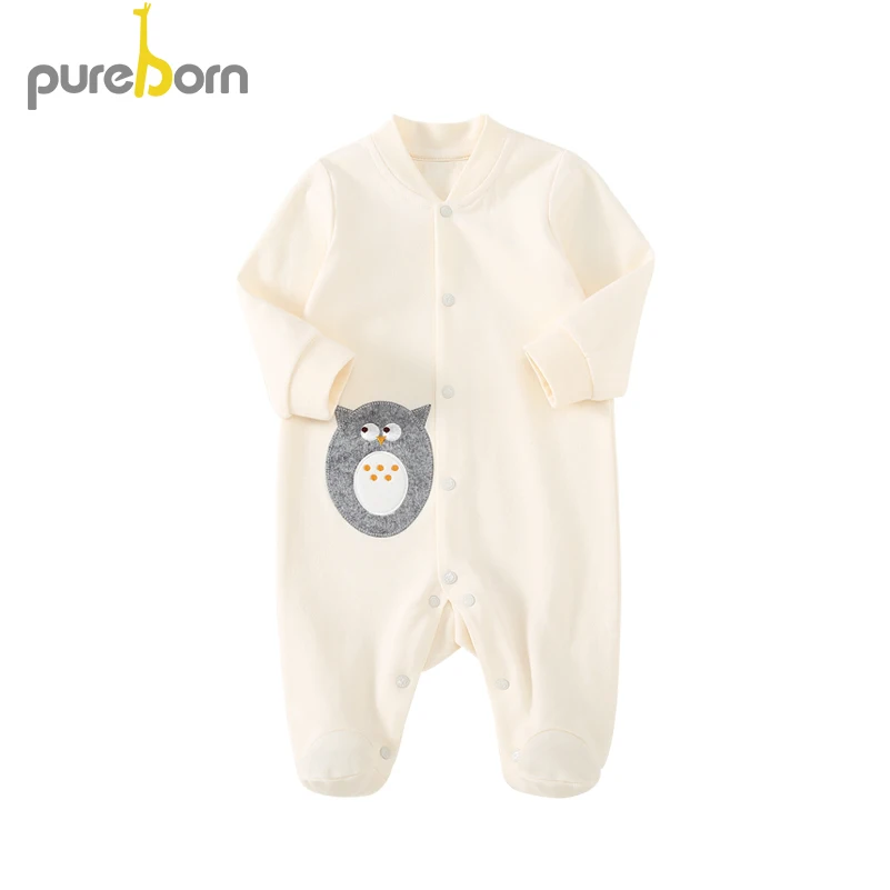 Pureborn/ хлопковые Ползунки для новорожденных мальчиков и девочек; весенние комбинезоны; Верхняя одежда; одежда для сна с рисунками животных из мультфильмов