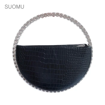 

Women ladies beaded diamond Circular Round handle totes bag party half moon Purse handbag alligator 2020 new
