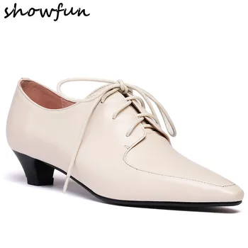 

Women's genuine leather lace-up kitten heel pointed toe pumps OL style low heel comfort female autumn new female footwear shoes