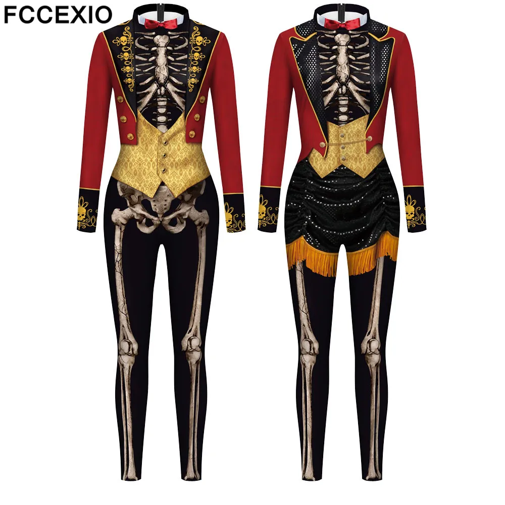 

FCCEXIO Women/Men Skull Skeleton Printed Scary jumpsuit Halloween Party Cosplay Costume Bodysuit Adults Fitness Onesie Outfits