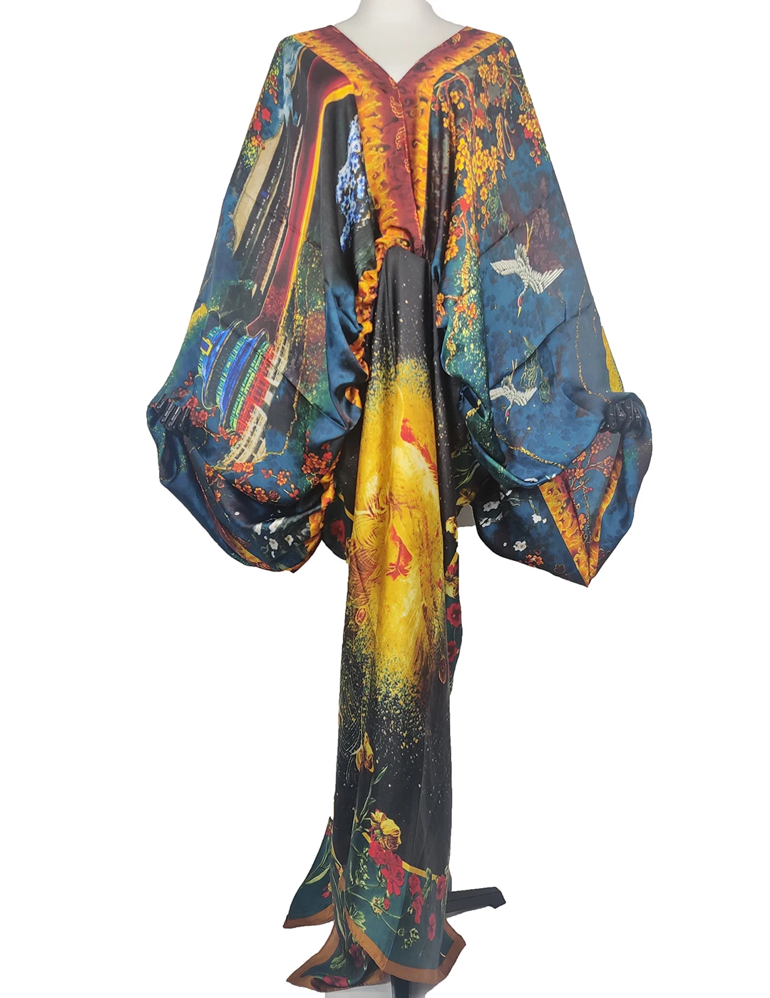 Elegant Traditional Kuwait Fashion Printed Ladies V Neck Silk Kaftan