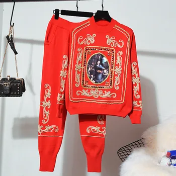 

Autumn Winter Casual Chic Red Tracksuit Two Piece Knitted Set Embroidery Sweater + Knit Long Harem Pants Suit Women Bulk 2 Suit