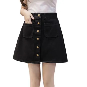 

Women A-Line Jeans Skirt Summer Fashion Button High Waist Small Pockets Skirt