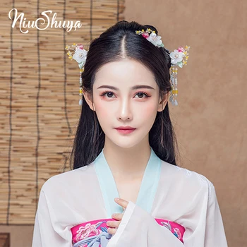 

NiuShuya Chinese Vintage Flower Tassel Hair Pins Hairstick Headpieces Retro Fresh Hanfu Princess Hair Jewelry Hair Accessories