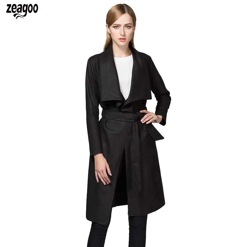 New Fashion Women Casual Turn-down Collar Solid Windbreaker with Belt Asymmetrical Hem Design, Front Open