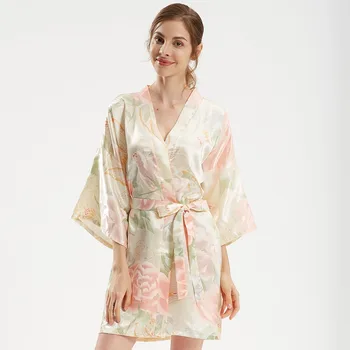 

Female Robe Satin Sleepwear Kimono Bathrobe Gown Sexy Print Flower Nightdress Silky Bride Bridesmaid Wedding Robe Home Clothes
