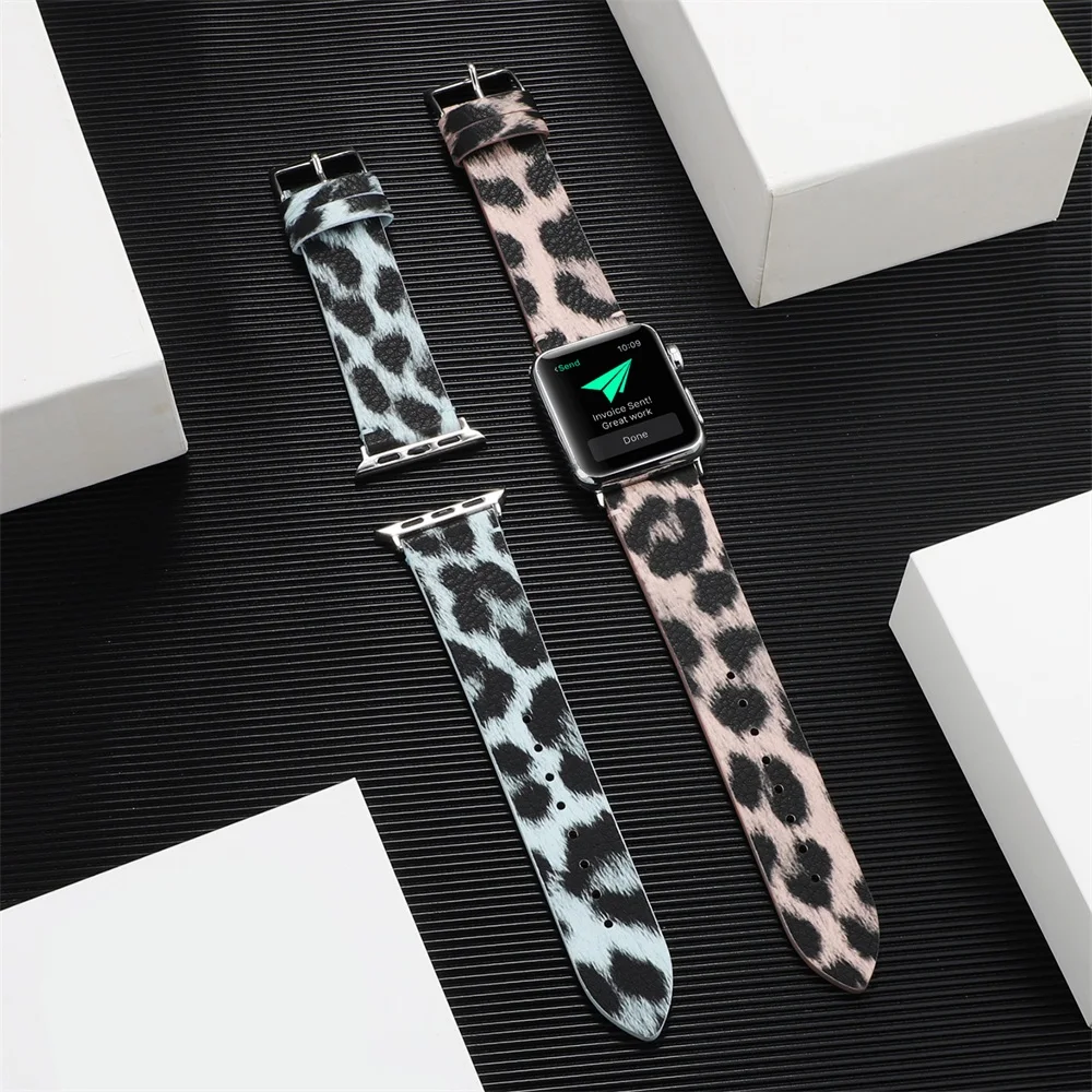 Кожаный ремешок 42 44 мм для Apple watch band 5 4 с леопардовым принтом сменный Браслет iwatch 3