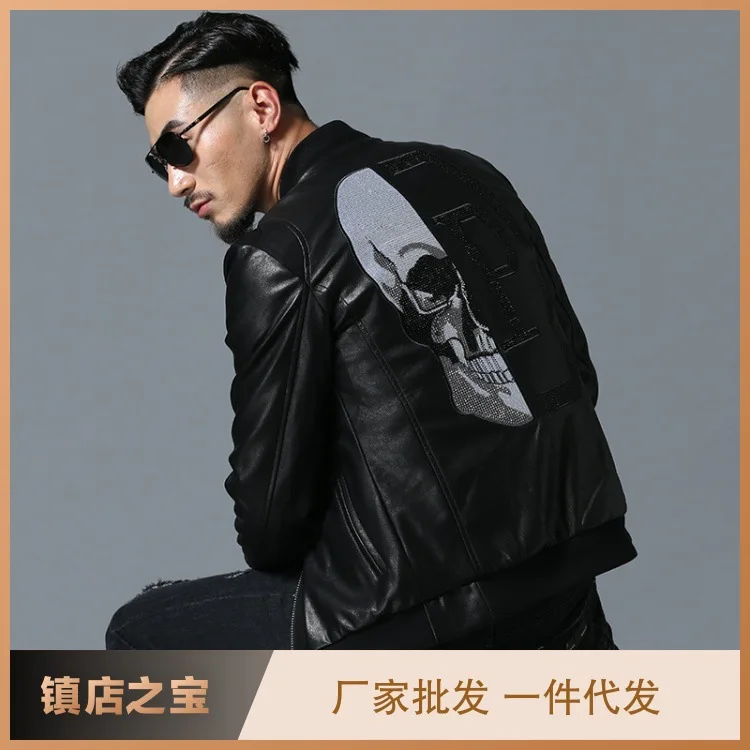 

MEN'S WEAR Skull Embroidered Leather Coat Thick Baseball Collar Leather Jacket Europe And America Artificial Leather Locomotive