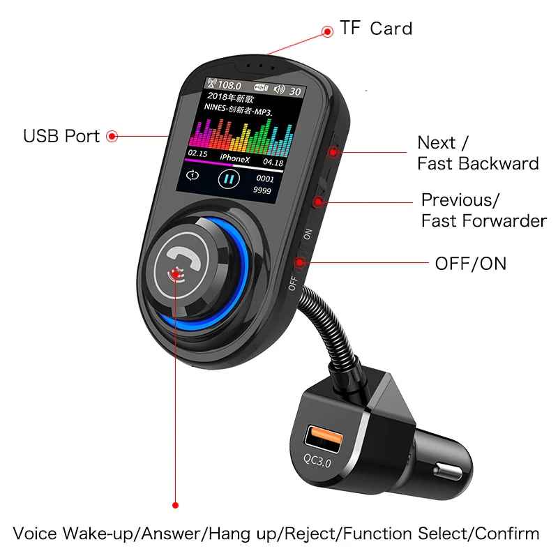 3.0 FM Transmitter Car Cigarette Lighter Fast Charger Touch Control Bluetooth Charger Hifi Music Player Handsfree Call Device